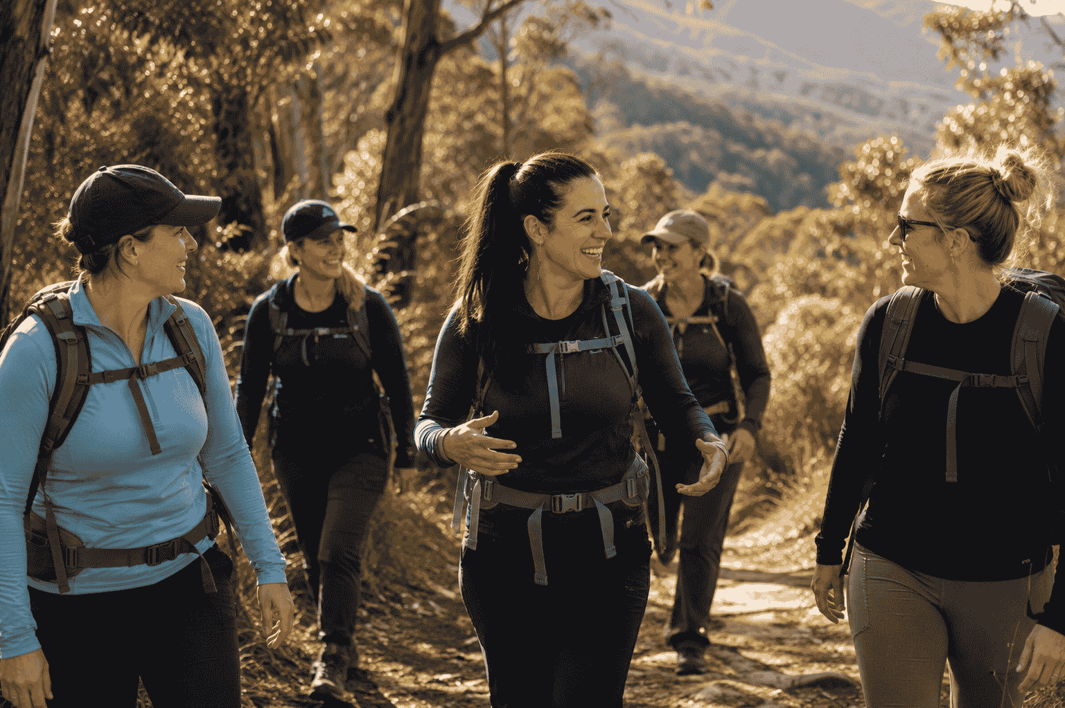A small group of women walking a trail together in warm dawn light