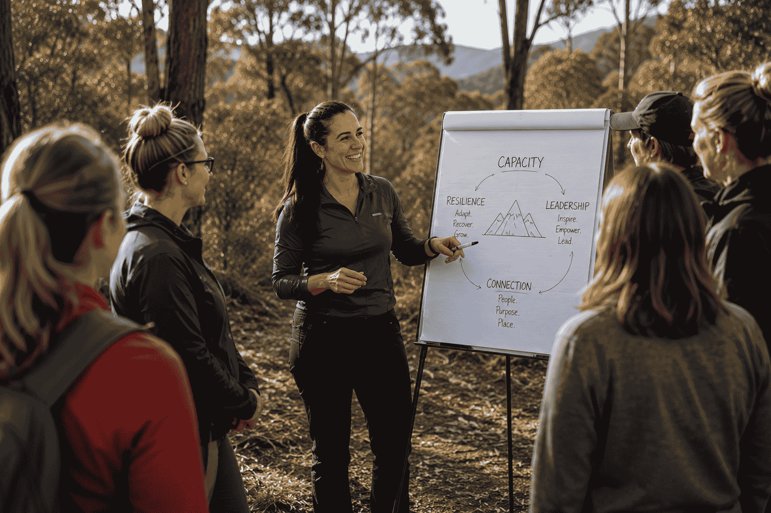 Tracey facilitating a leadership session outdoors, mapping capacity on a flip chart