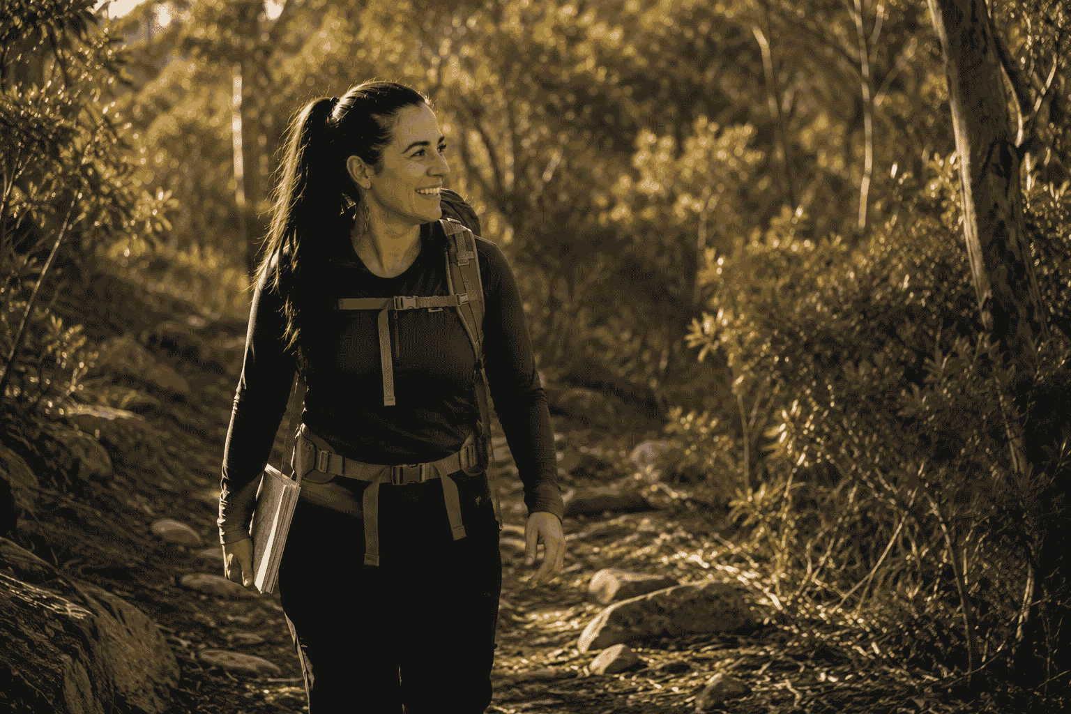 Tracey walking a bush trail in warm afternoon light